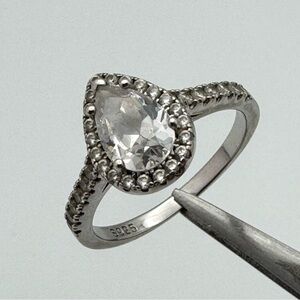 Sterling Silver Halo Ring | Pear Cut Clear Stone Pavé Band Size 8